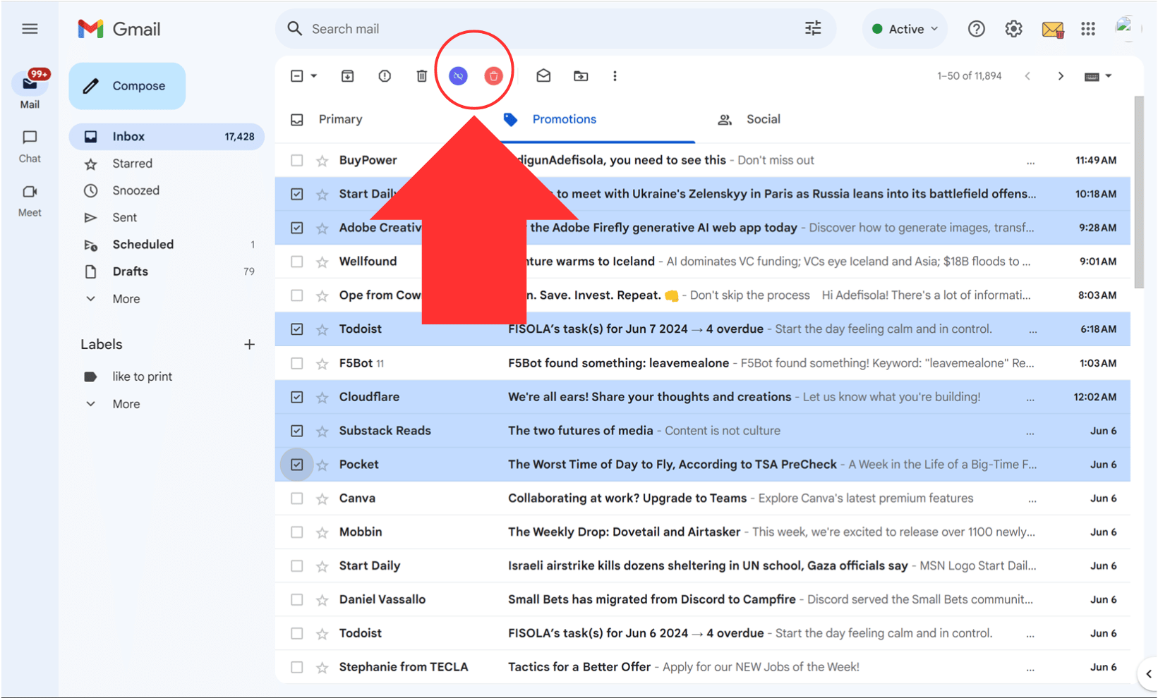 Mass unsubscribe using the Gmail native toolbar