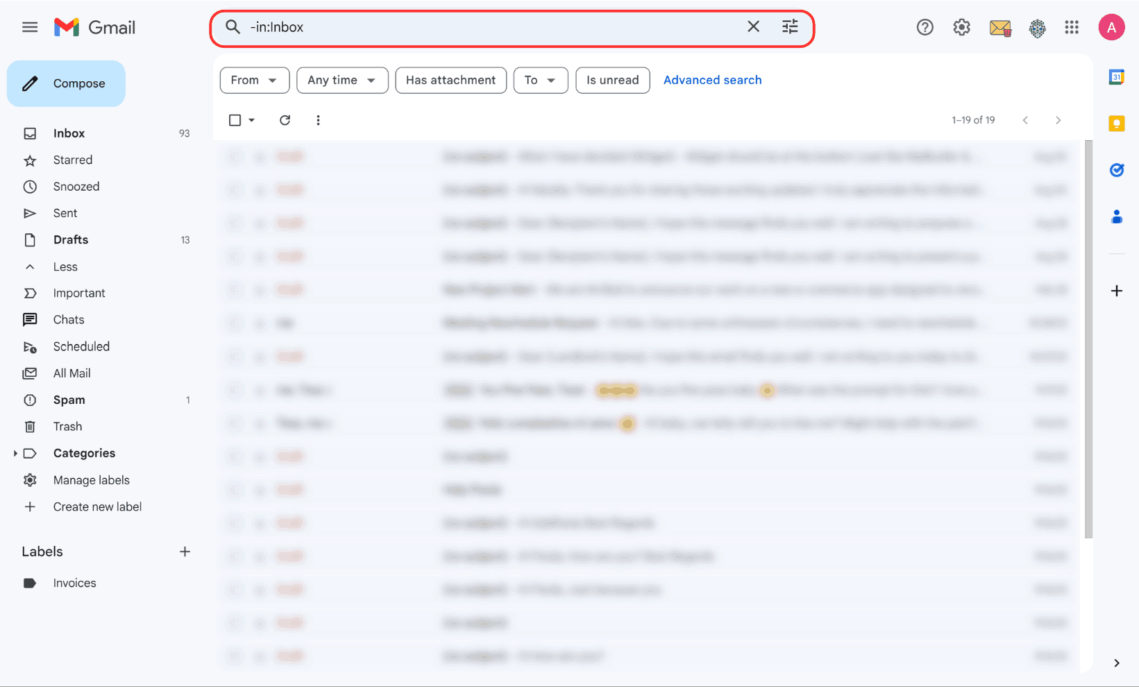 Search emails not in inbox