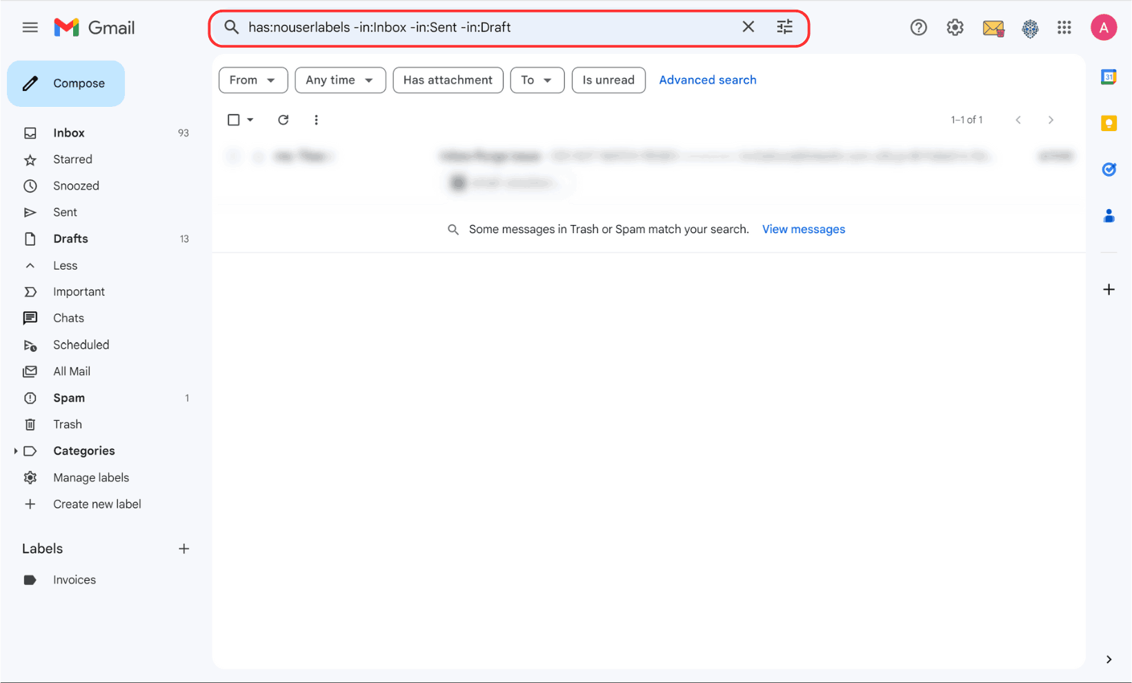 Search emails not in inbox, has no labels, not sent or in draft