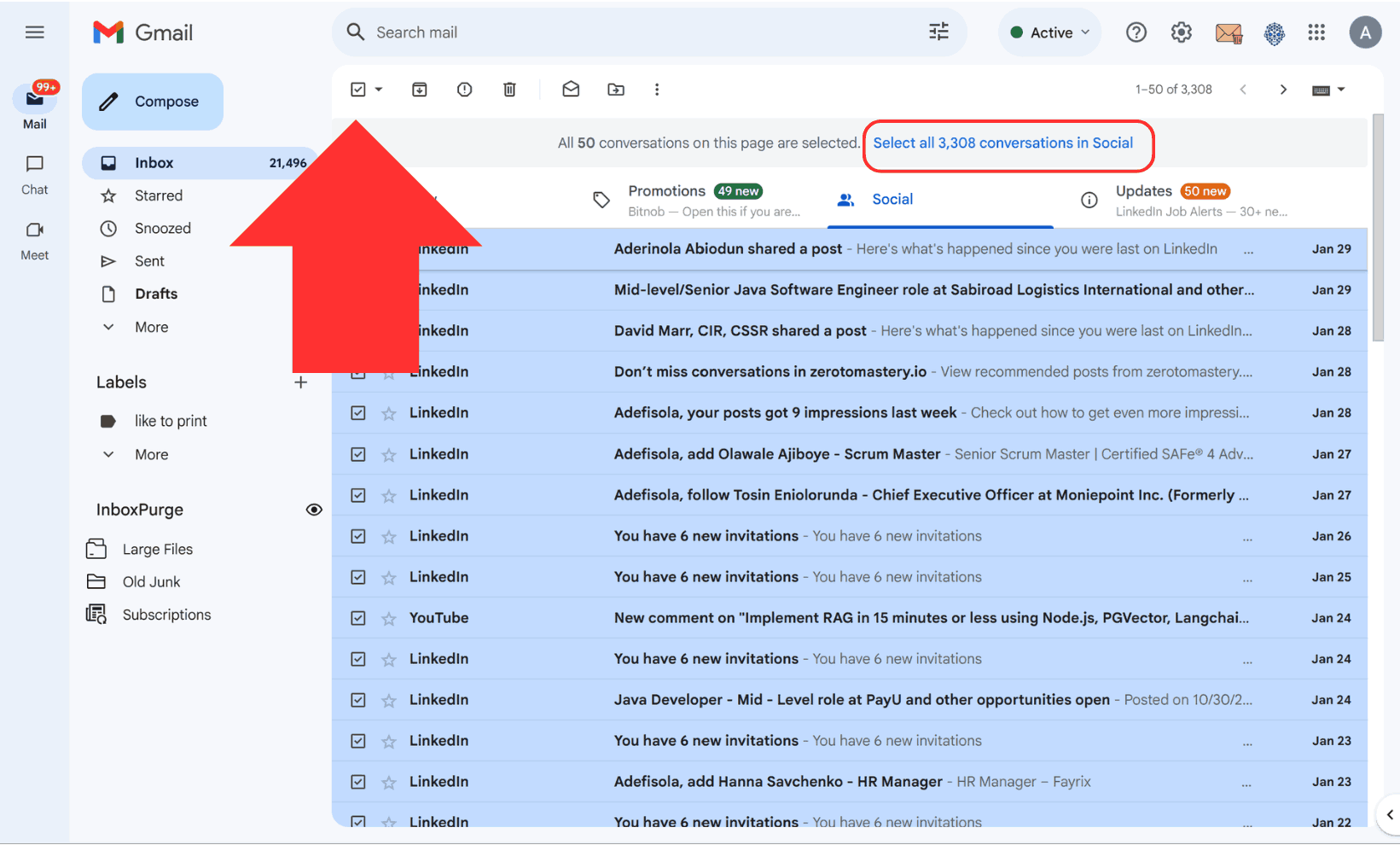 Select all social emails