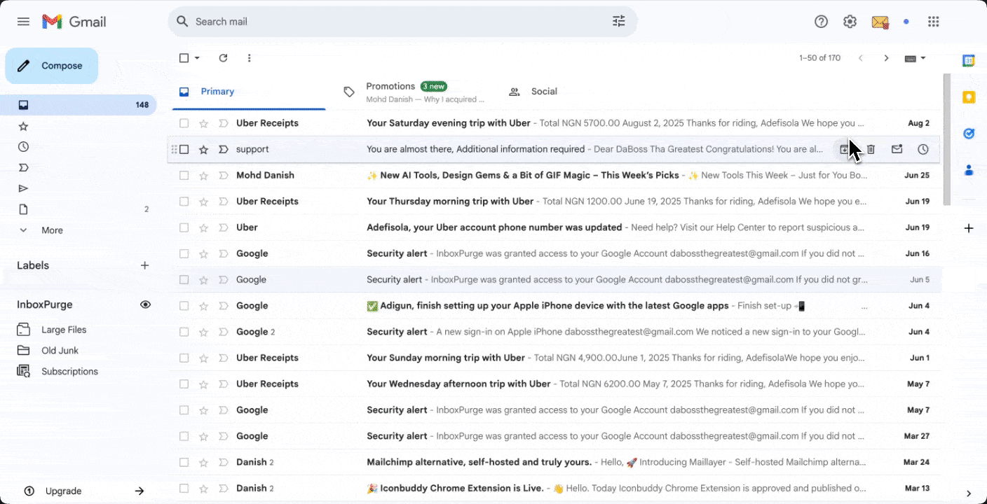 Demo: open InboxPurge sidebar and unsubscribe/delete from a subscription