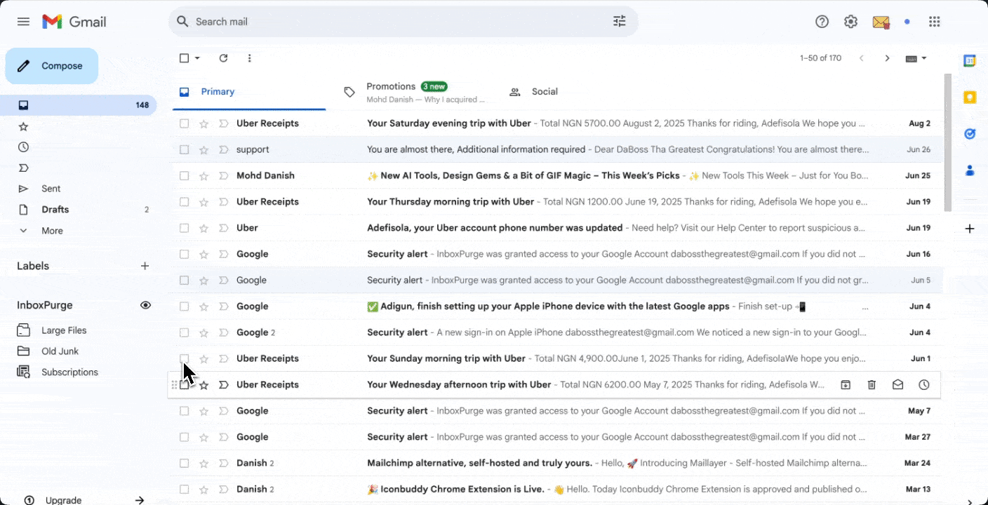 Demo: select emails in Gmail and click the red InboxPurge button to Super Delete
